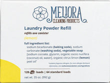 Load image into Gallery viewer, Label for Meliora's plastic-free laundry powder refill in lemon scent