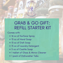 Load image into Gallery viewer, Refill Starter Kit comes with surface spray, hand soap, dish soap, laundry detergent, castile soap, glass and mirror cleaner and dishwasher tabs, all in plastic-free packaging.