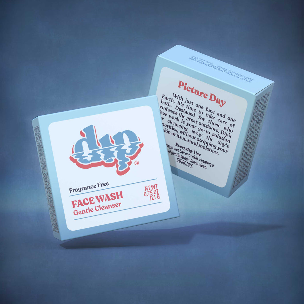 Two boxes, front and back, of dip's zero-waste, fragrance free face wash.