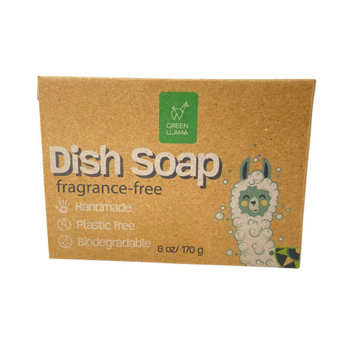 A compostable box with Green Llama's dish soap bar 