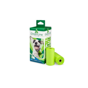 Greenline Pet Waste bags biodegrade in a landfill. 8 pack featured. 