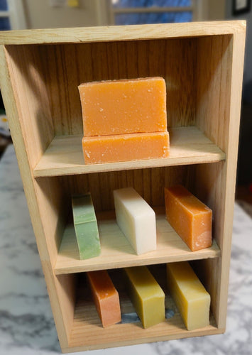 Images of no waste soap bars in a display shelf