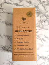 Load image into Gallery viewer, A cardboard box containing six reusable silicone bowl covers. 

