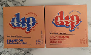 Dip's salon quality shampoo and conditioner for all hair types in wild sage and vetiver scent