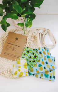 Three sizes of vegan, reusable, wax wraps are shown as an alternative to plastic wrap or foil.