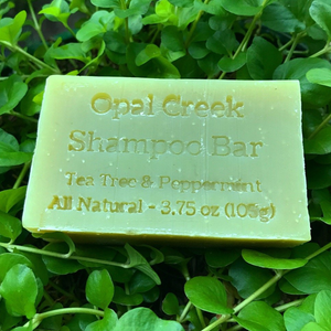 A green shampoo bar is stamped "Tea Tree and Peppermint" and rests on some green plants.